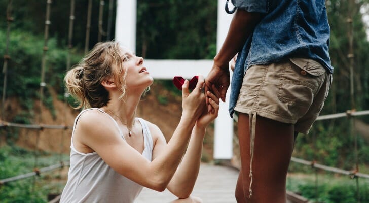 Woman proposing with engagement ring