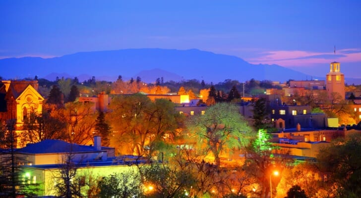 Photograph of Santa Fe, the capitol of New Mexico, at dusk