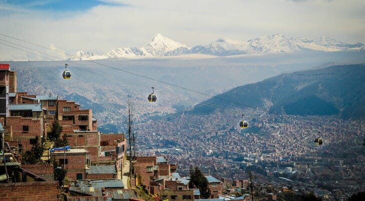 The teleferico in La Paz Bolivia with Andes Mountains in the background.