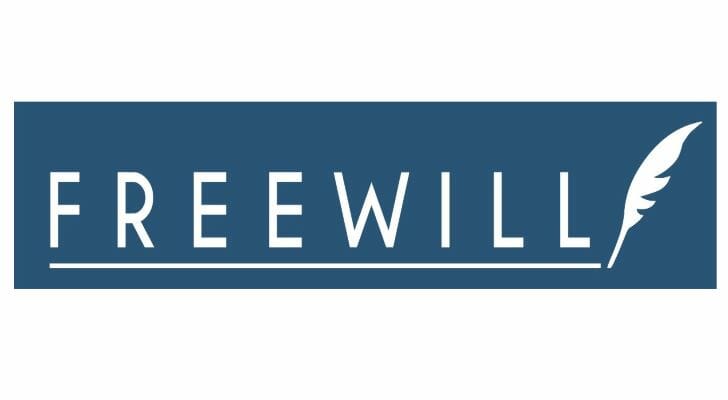 Image shows the FreeWill logo in white lettering against a blue background, with a graphic of a quill.
