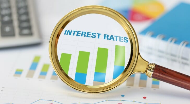 Magnifying glass and an interest rate chart