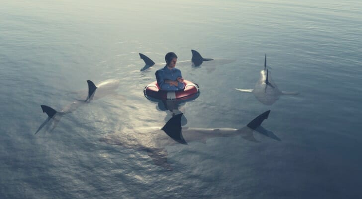 Man in water surrounded by sharks