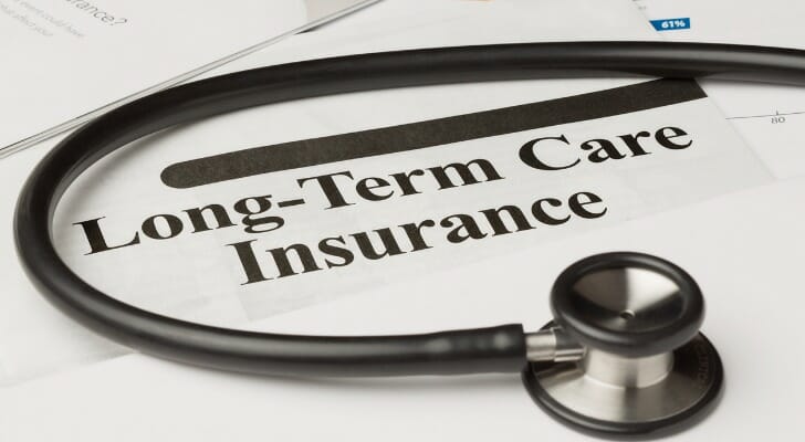 Image shows a stethoscope atop a document titled "Long-Term Care Insurance."