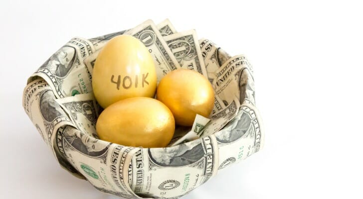 Golden 401(k) eggs in a basket made of bills