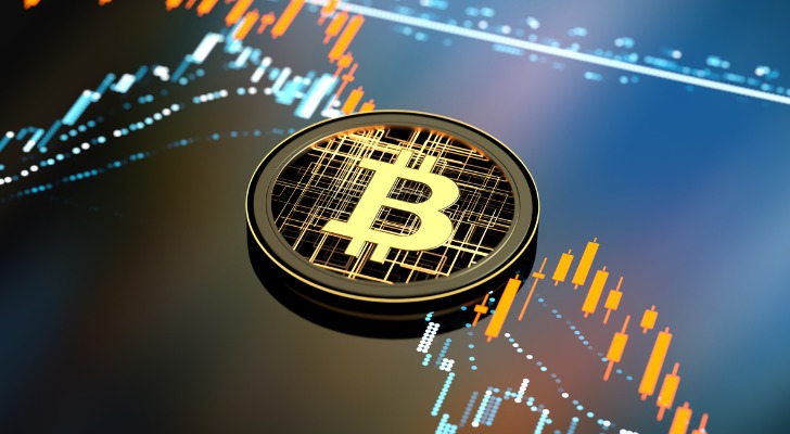 Image shows a Bitcoin logo and a performance chart in the background.