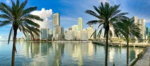 A view of downtown Miami over the water.