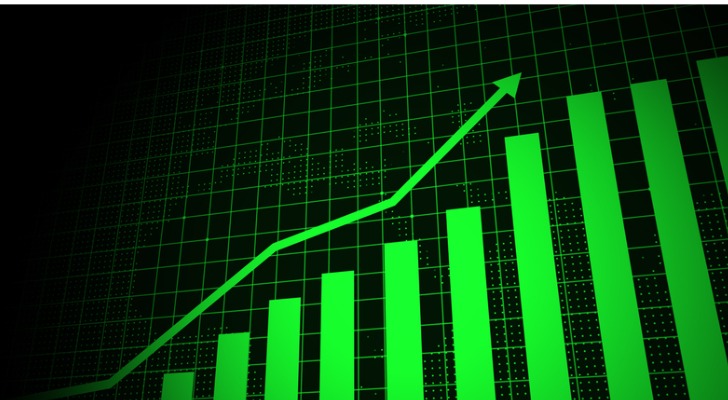 An arrow on a bar graph shows the growth of a dividend over time. 