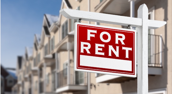 A for rent sign hangs outside a townhouse that's owned by a retiree. 