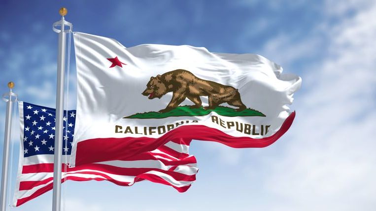 The state flag of California blows in the wind in front of the American flag. 