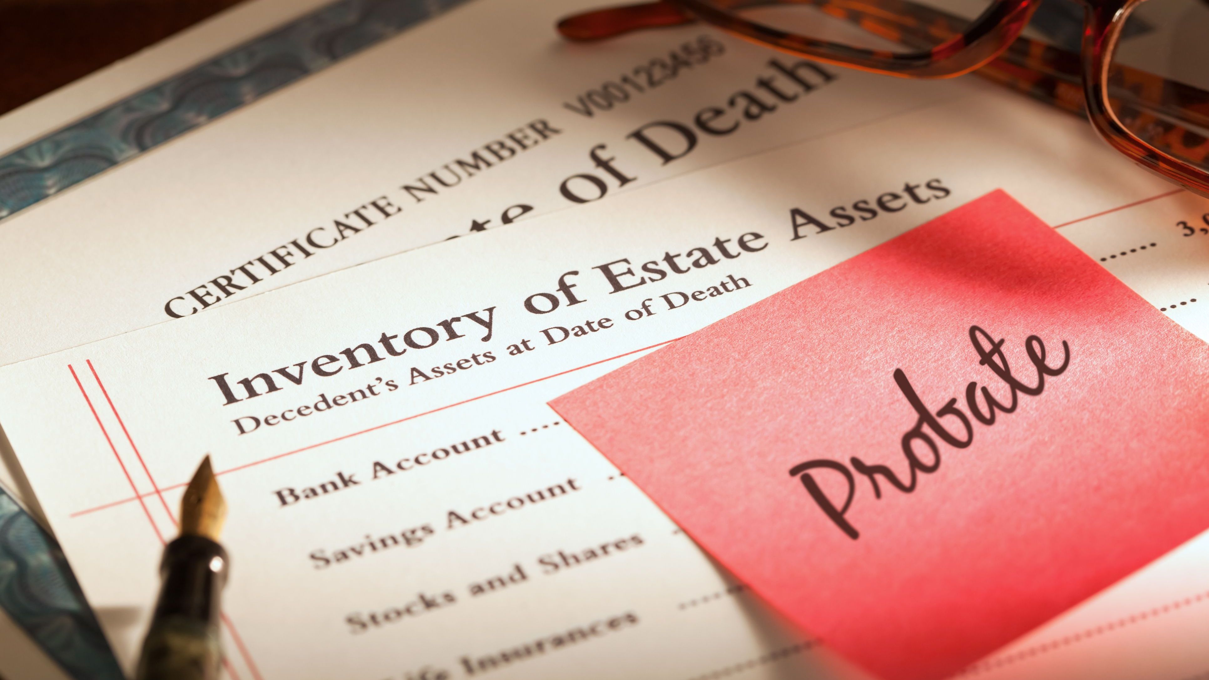 The estate process takes an inventory for the deceased person's assets, notifies any creditors and pays off debts before the remaining assets get distributed to beneficiaries.