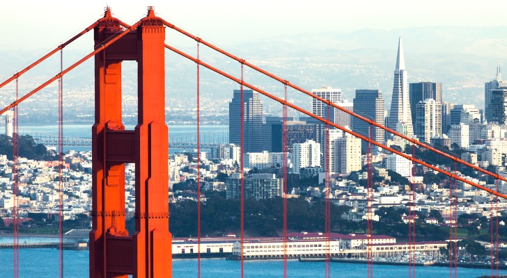 The San Francisco skyline looms beyond the Golden Gate Bridge.