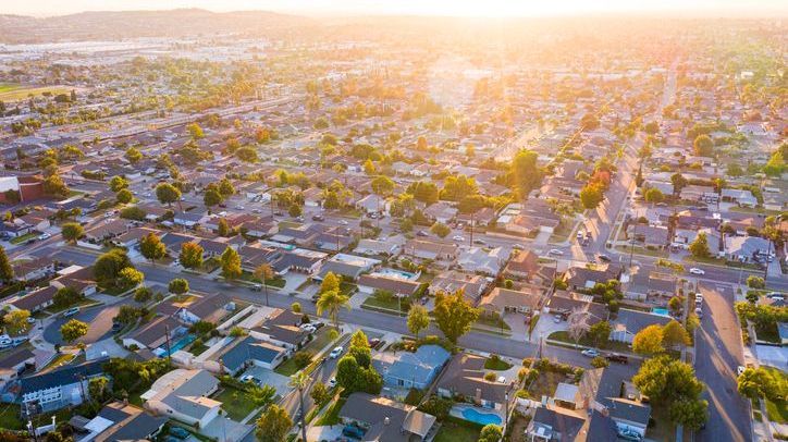 An aerial view of a California suburb.