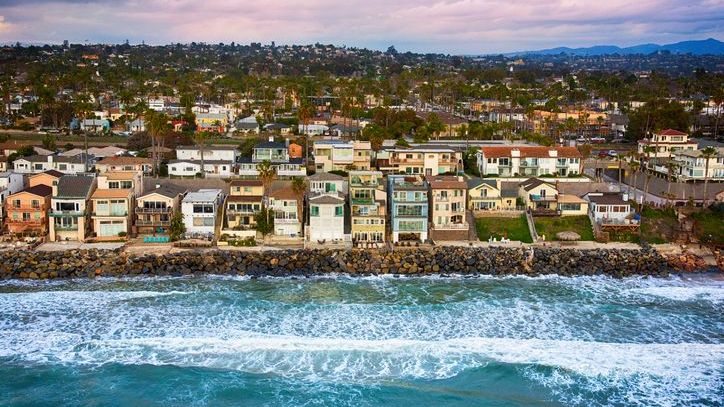 An aerial view of beachfront properties in California. 