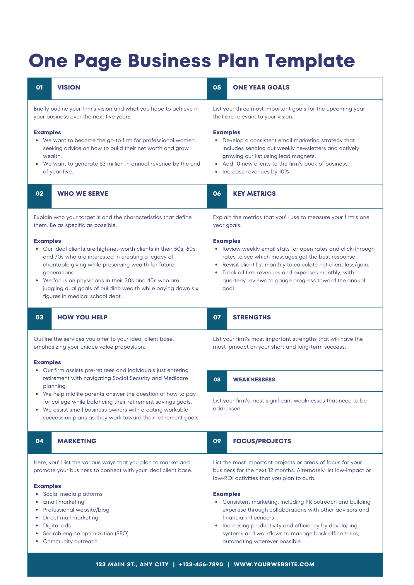 One Page Financial Advisor Business Plan Template