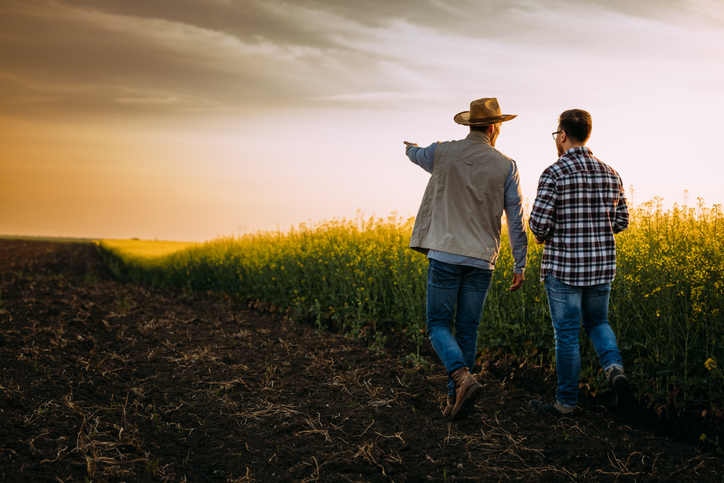 A farmer walks with his chosen heir as part of his succession and estate planning process.