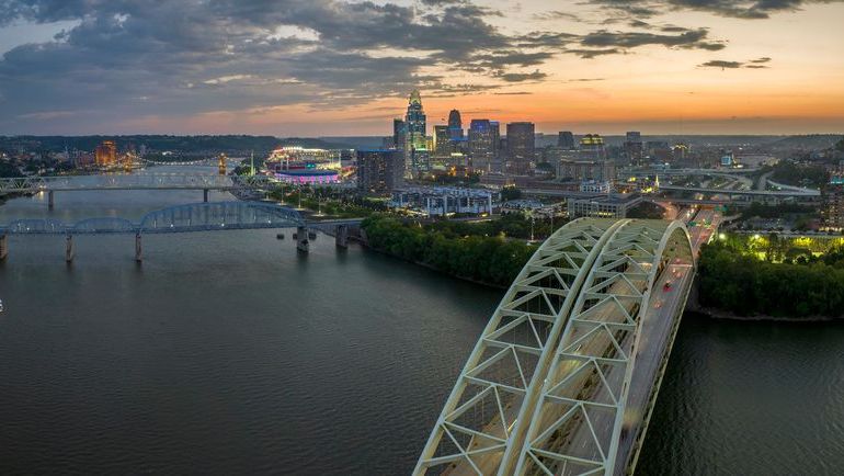 An aerial shot of the Cincinnati skyline. 