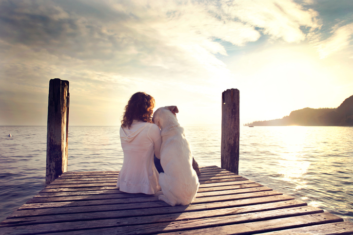 A woman and her dog look at the sunset, after she created an estate plan for her pet.