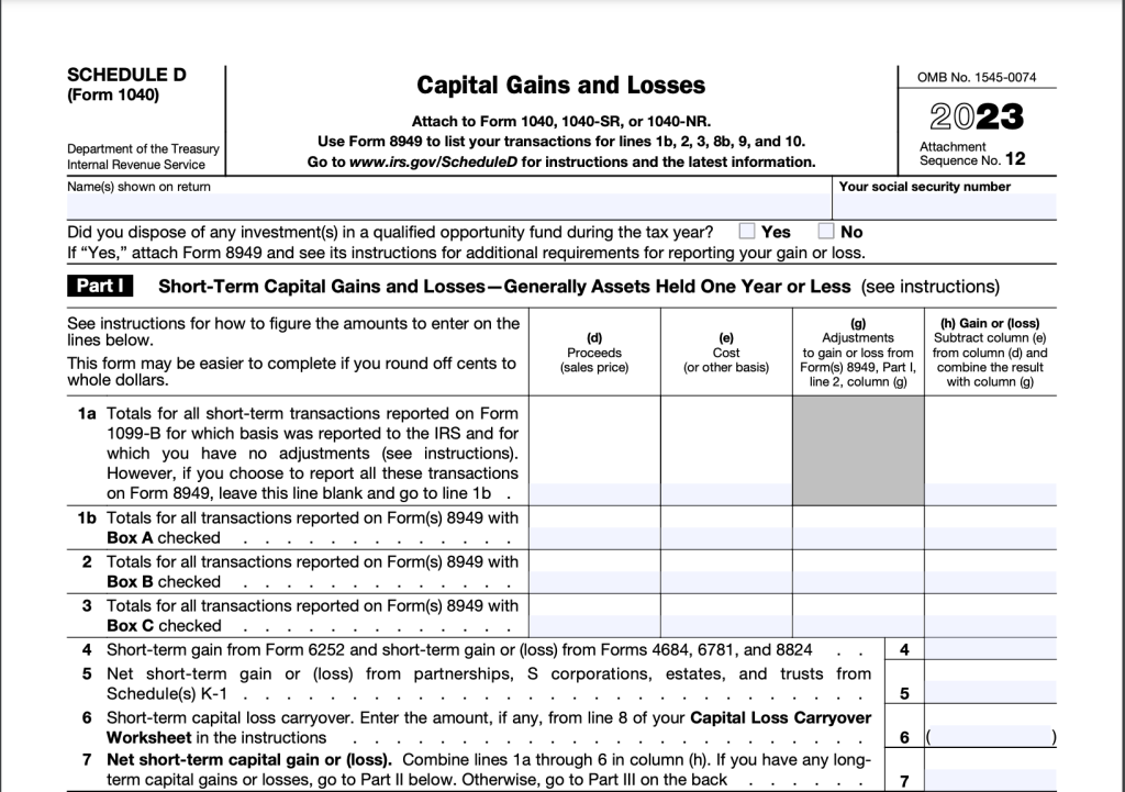 The Schedule D tax form for the 2023 tax year, which was filed in 2024.