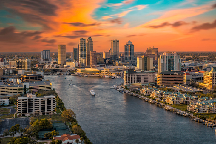 Aerial view of Tampa, Florida at sunset.