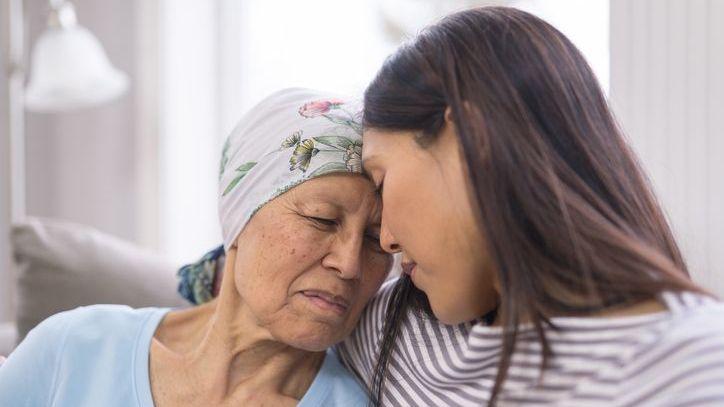 A woman comforts her mother who is ill, but has an advance healthcare directive in place. 