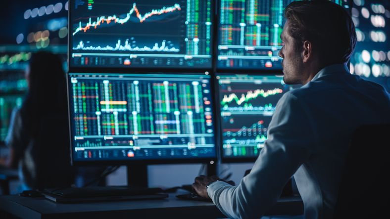 A hedge fund manager tracks the performance of various assets on multiple monitors. 