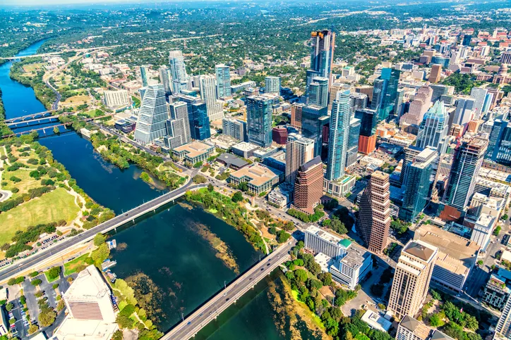 Buildings along the banks of the Colorado River in downtown Austin, Texas.