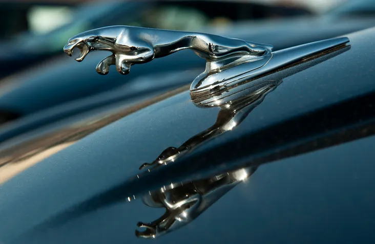 A close-up of a Jaguar hood ornament.