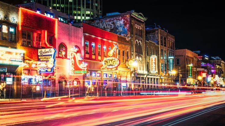 Light trails from traffic at night on Lower Broadway, in the heart of Nashville's historic music district