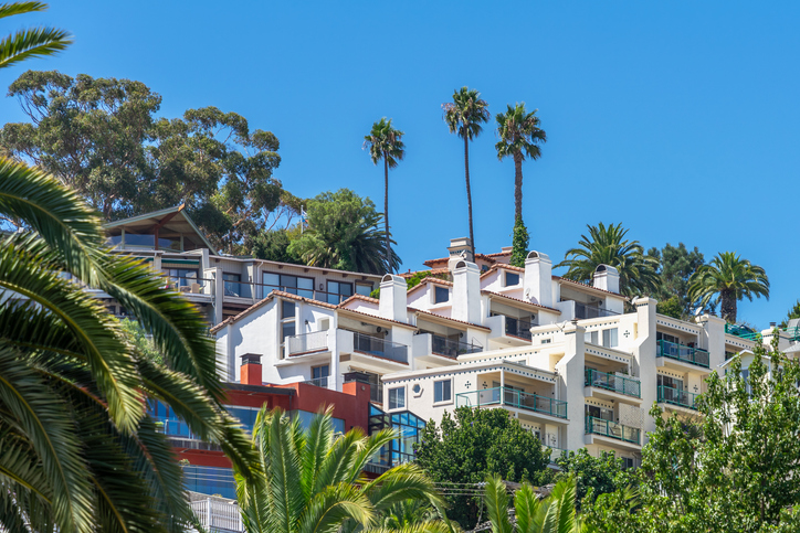 Hillside rentals with balconies in California.