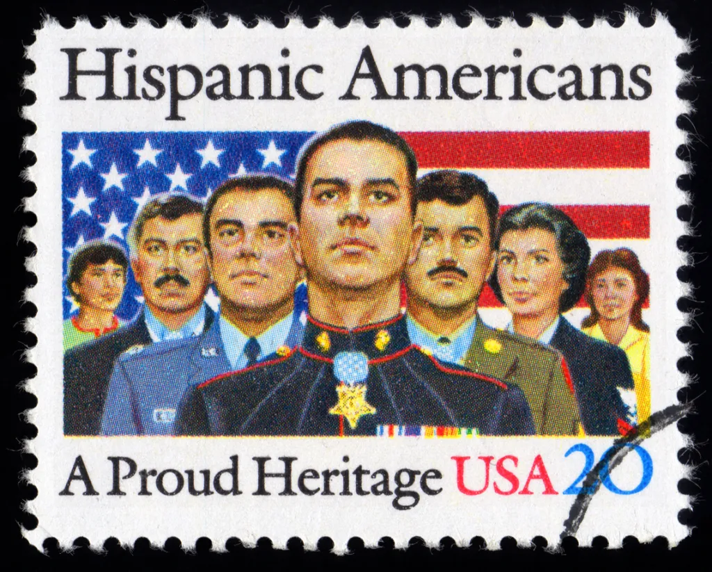 USA postage stamp showing proud Hispanic American men and women marines, soldiers and veterans.