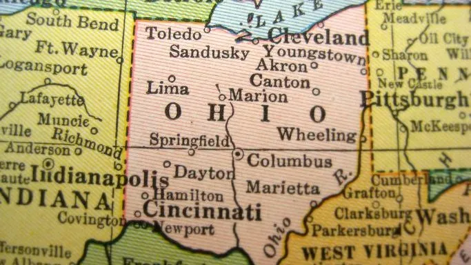 A map of Ohio shows a number of prominent cities in the state. 