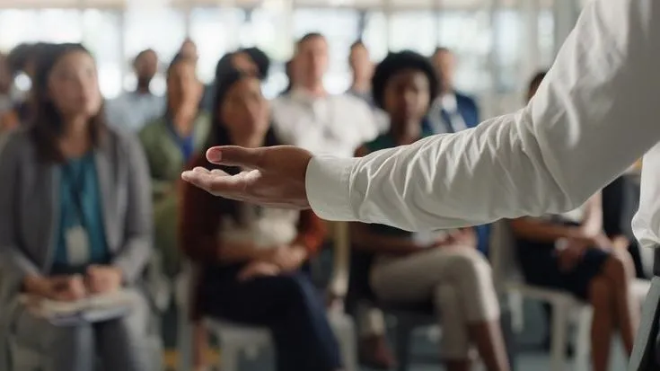 A financial advisor speaks to prospective clients during a seminar on retirement planning. 