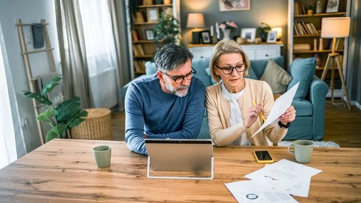 A man and woman look over documents while seated at a table in their home.