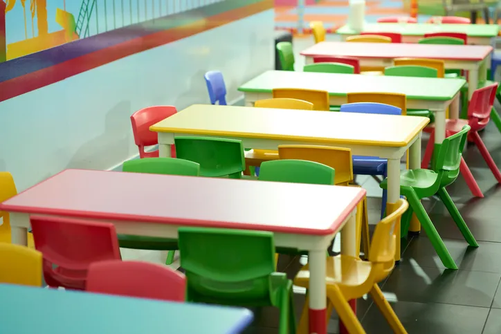 Colorful children's tables and chairs in a learning center.