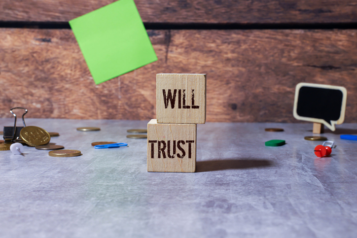 Wooden blocks with the words "will" and "trust" written on them.
